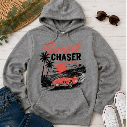Sunset Chaser Printed Shirt or Hoodie, Retro Beach Graphic Tee