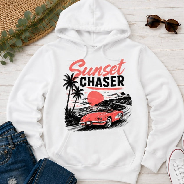Sunset Chaser Printed Shirt or Hoodie, Retro Beach Graphic Tee