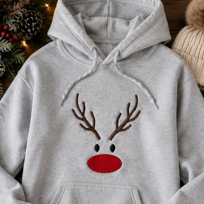 Embroidered Reindeer Hoodie, Christmas Top