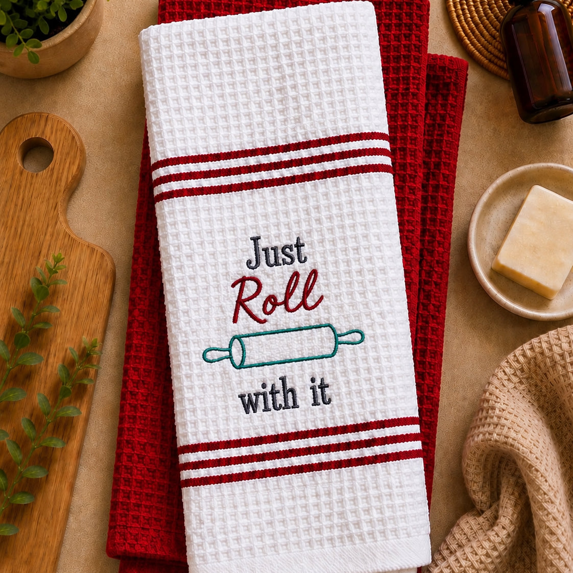 "Just Roll With it" Embroidered Kitchen Towel Set