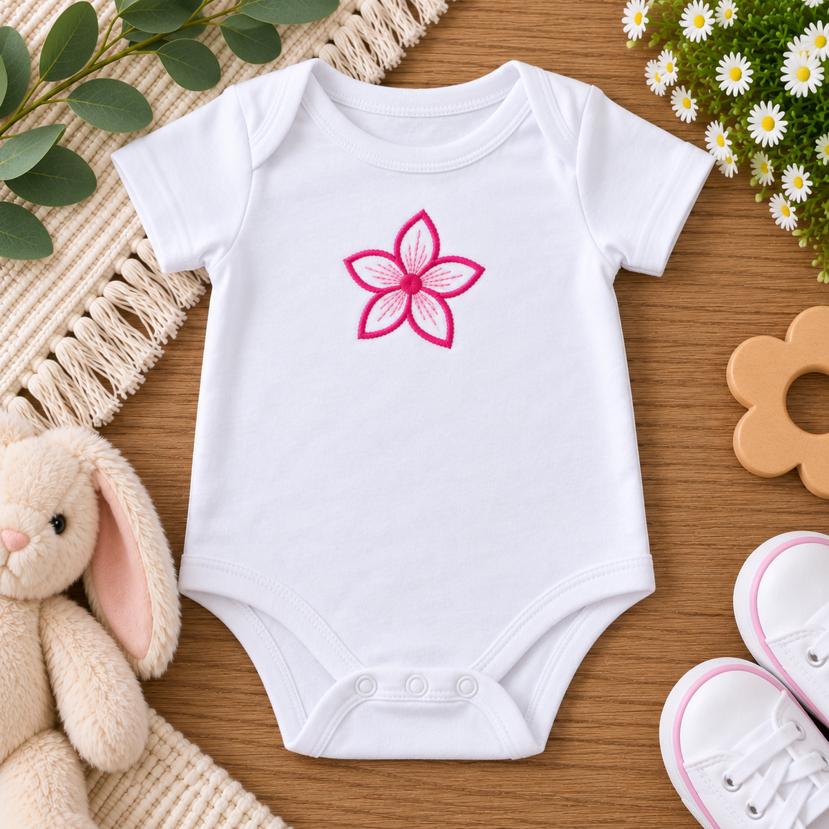 Pink Floral Baby Bodysuit | Embroidered Flower Onesie