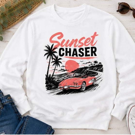 Sunset Chaser Printed Shirt or Hoodie, Retro Beach Graphic Tee