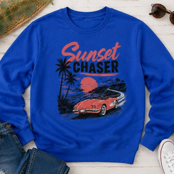 Sunset Chaser Printed Shirt or Hoodie, Retro Beach Graphic Tee
