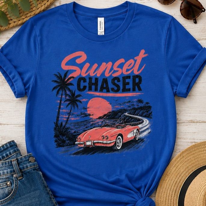 Sunset Chaser Printed Shirt or Hoodie, Retro Beach Graphic Tee
