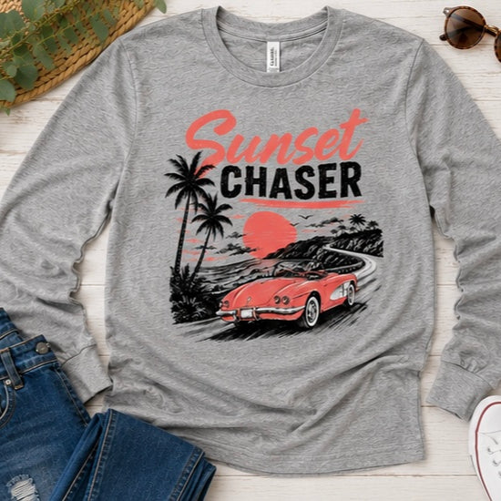 Sunset Chaser Printed Shirt or Hoodie, Retro Beach Graphic Tee