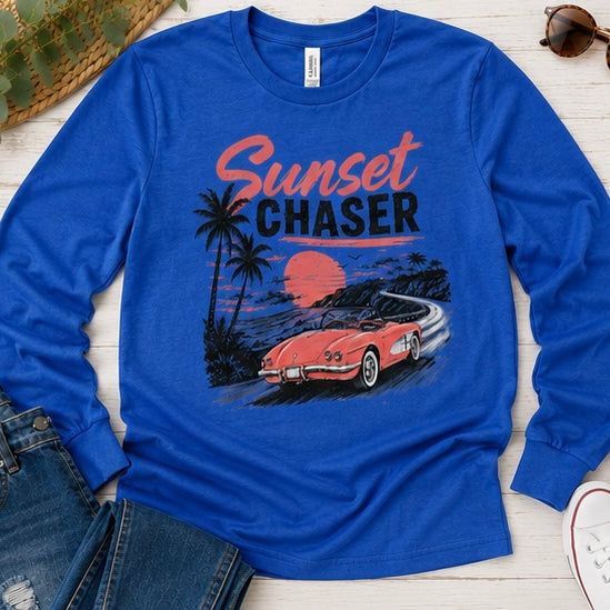 Sunset Chaser Printed Shirt or Hoodie, Retro Beach Graphic Tee