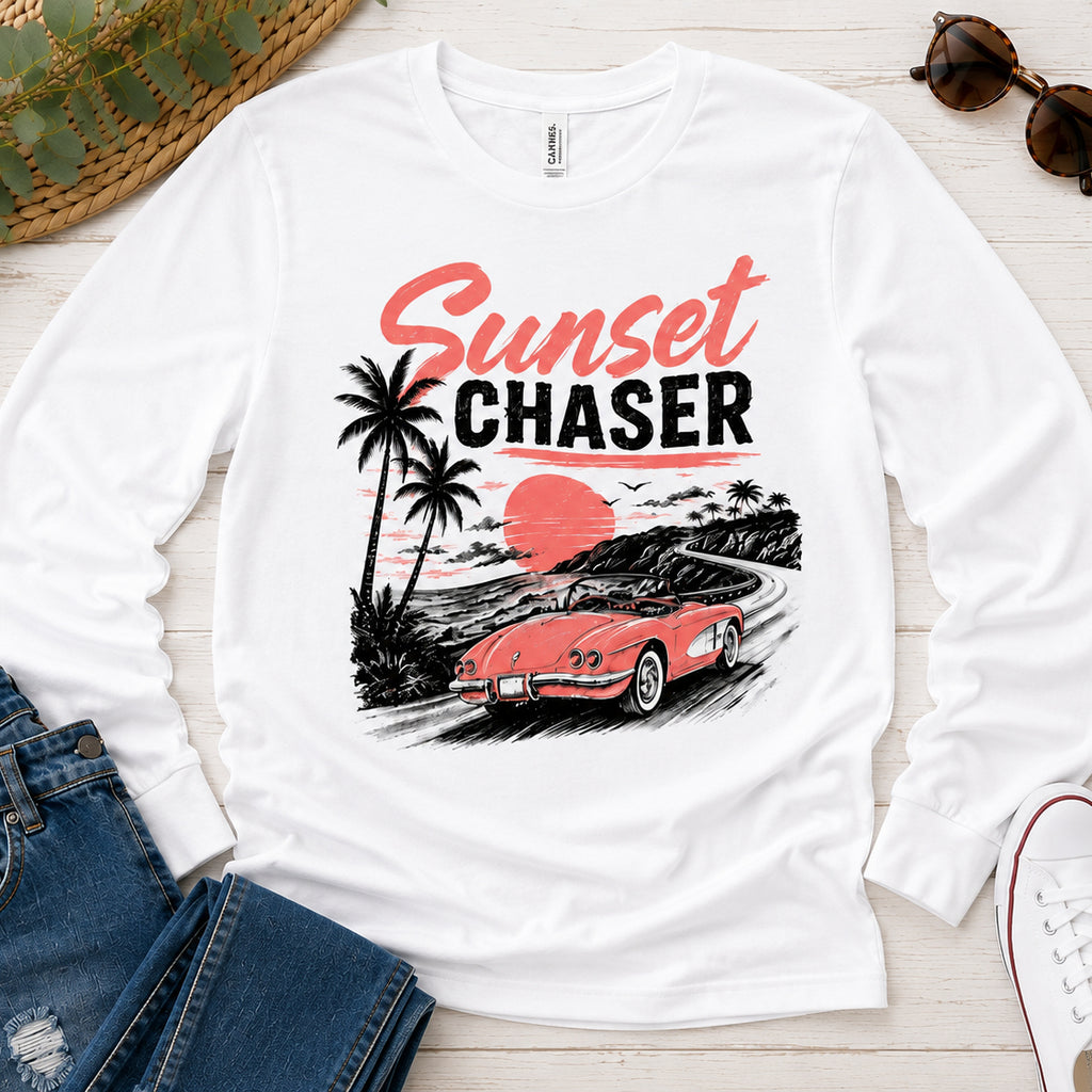 Sunset Chaser Printed Shirt or Hoodie, Retro Beach Graphic Tee