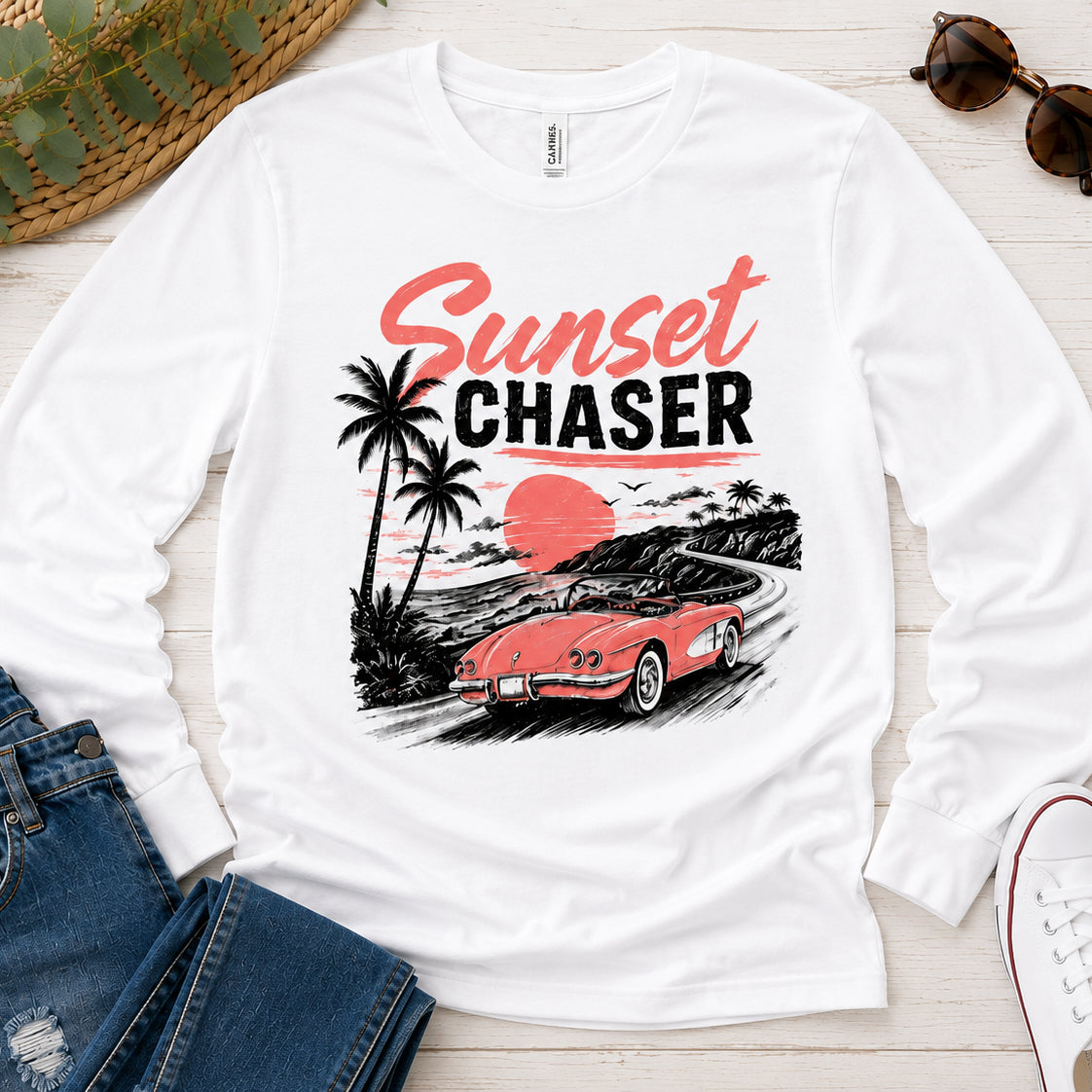 Sunset Chaser Printed Shirt or Hoodie, Retro Beach Graphic Tee