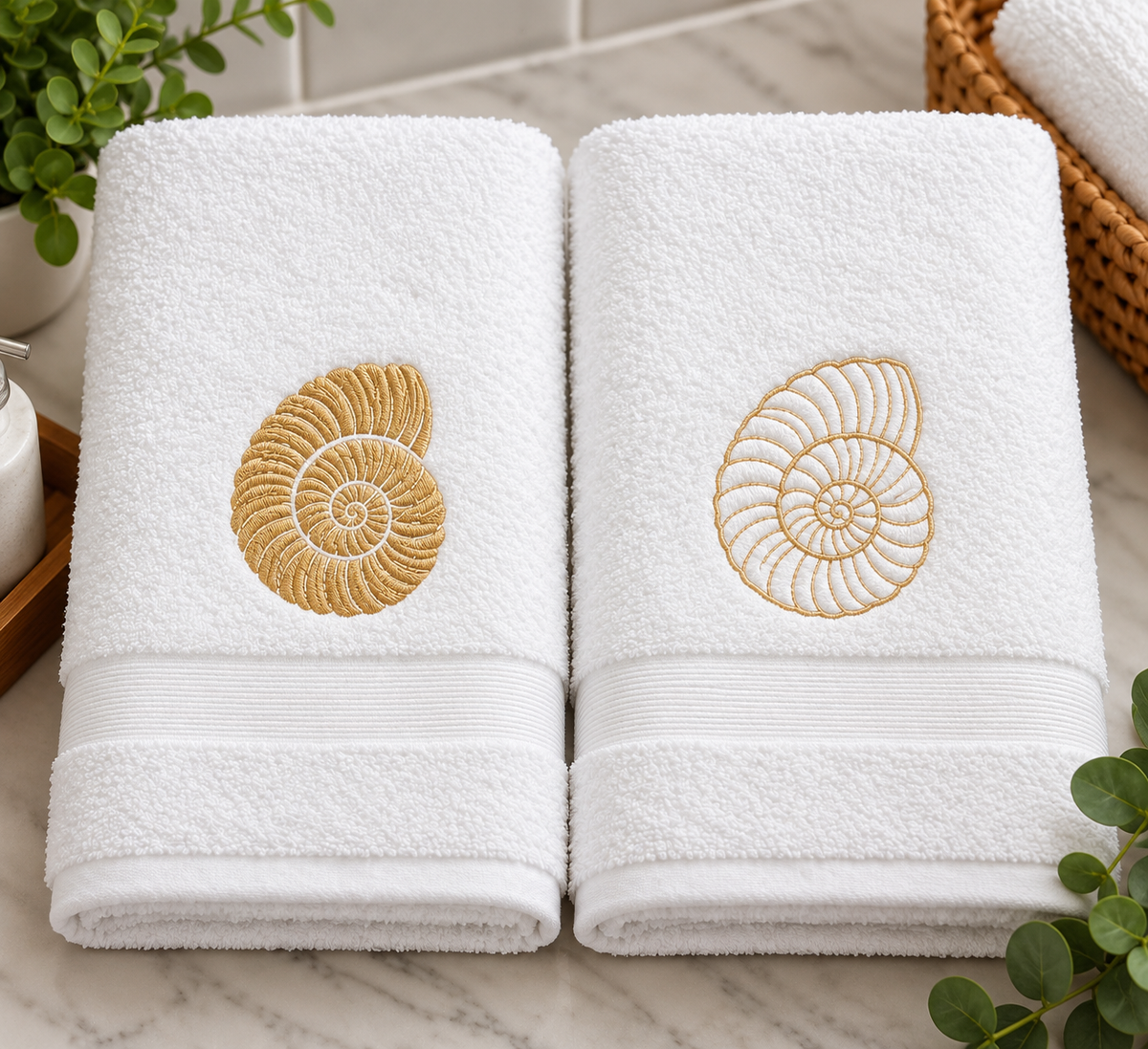 Coastal Shell Embroidered Hand Towel Set | Customized Bath Hand Towels