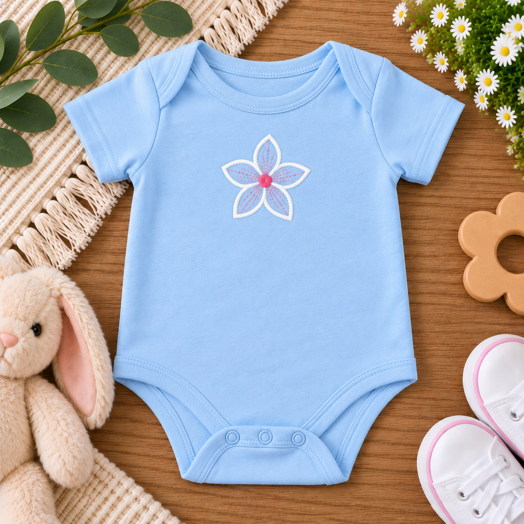 Pink Floral Baby Bodysuit | Embroidered Flower Onesie