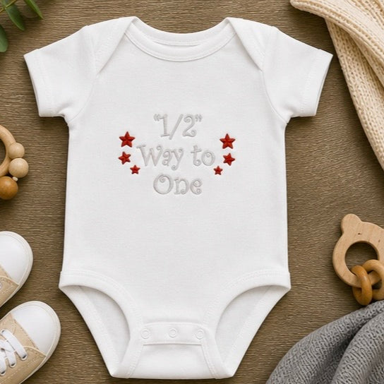 "Halfway to One" Embroidered Baby Outfit | 6 Month Milestone