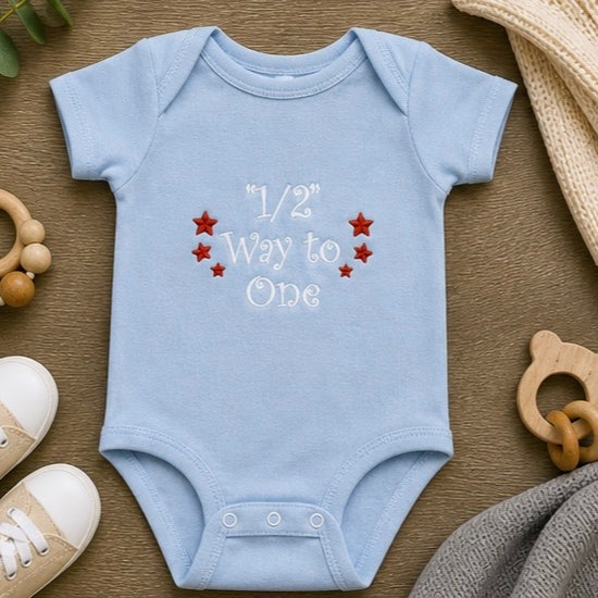 "Halfway to One" Embroidered Baby Outfit | 6 Month Milestone
