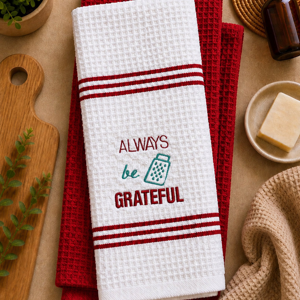 "Always Be Grateful" Kitchen Towel | Embroidered Kitchen Towel Set