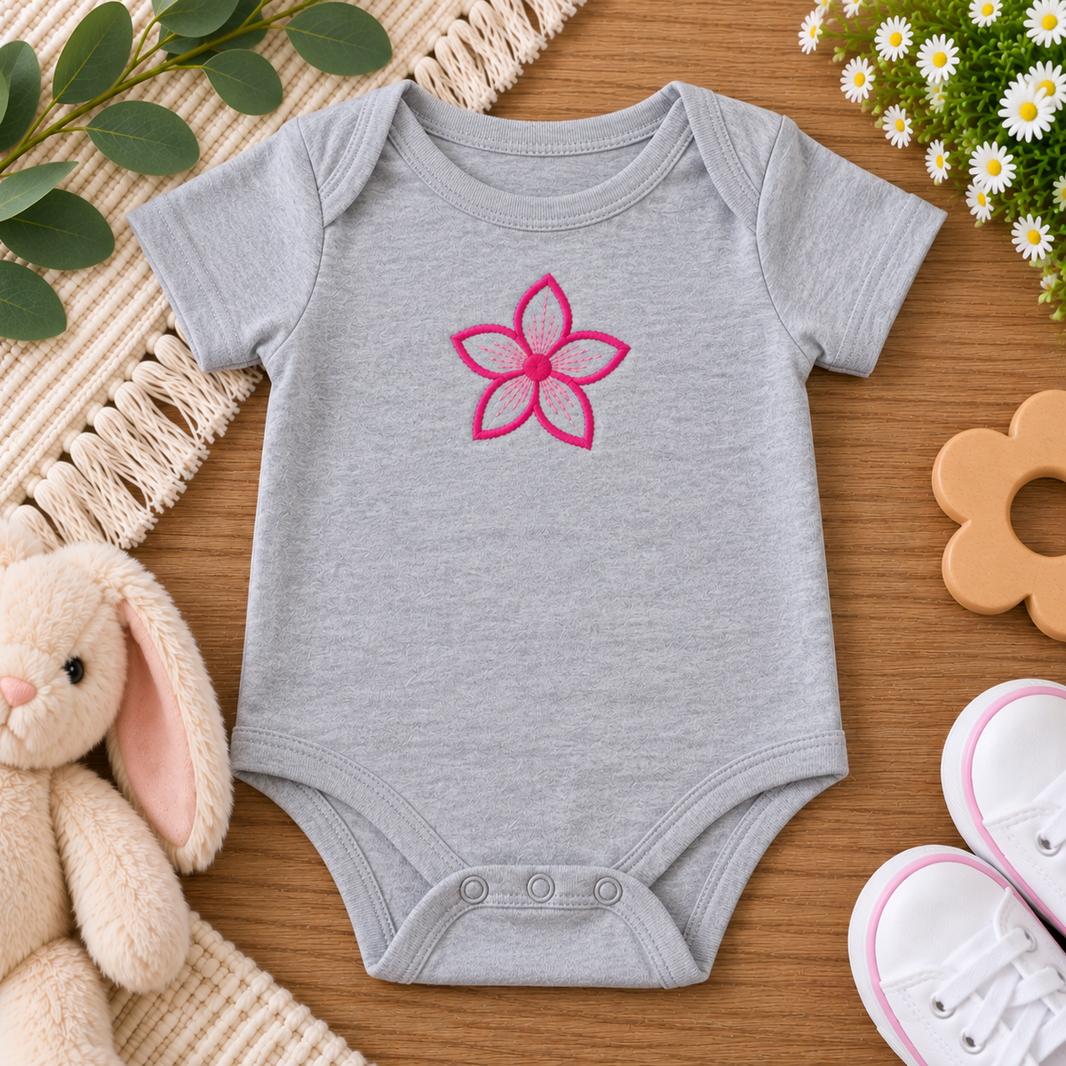 Pink Floral Baby Bodysuit | Embroidered Flower Onesie