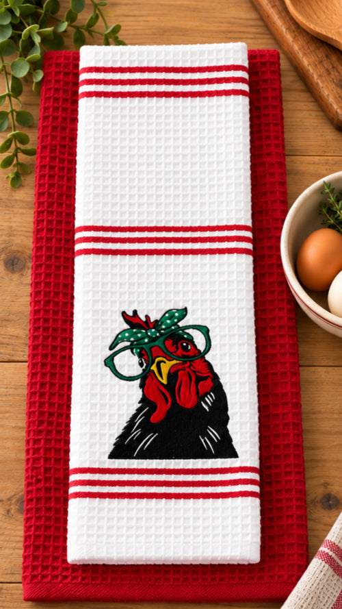 Embroidered Chicken Kitchen Towel Set, Farmhouse Hen Dish Towel