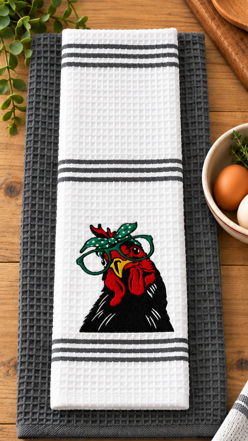 Embroidered Chicken Kitchen Towel Set, Farmhouse Hen Dish Towel