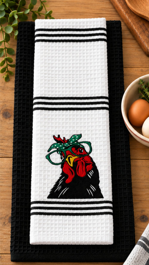 Embroidered Chicken Kitchen Towel Set, Farmhouse Hen Dish Towel