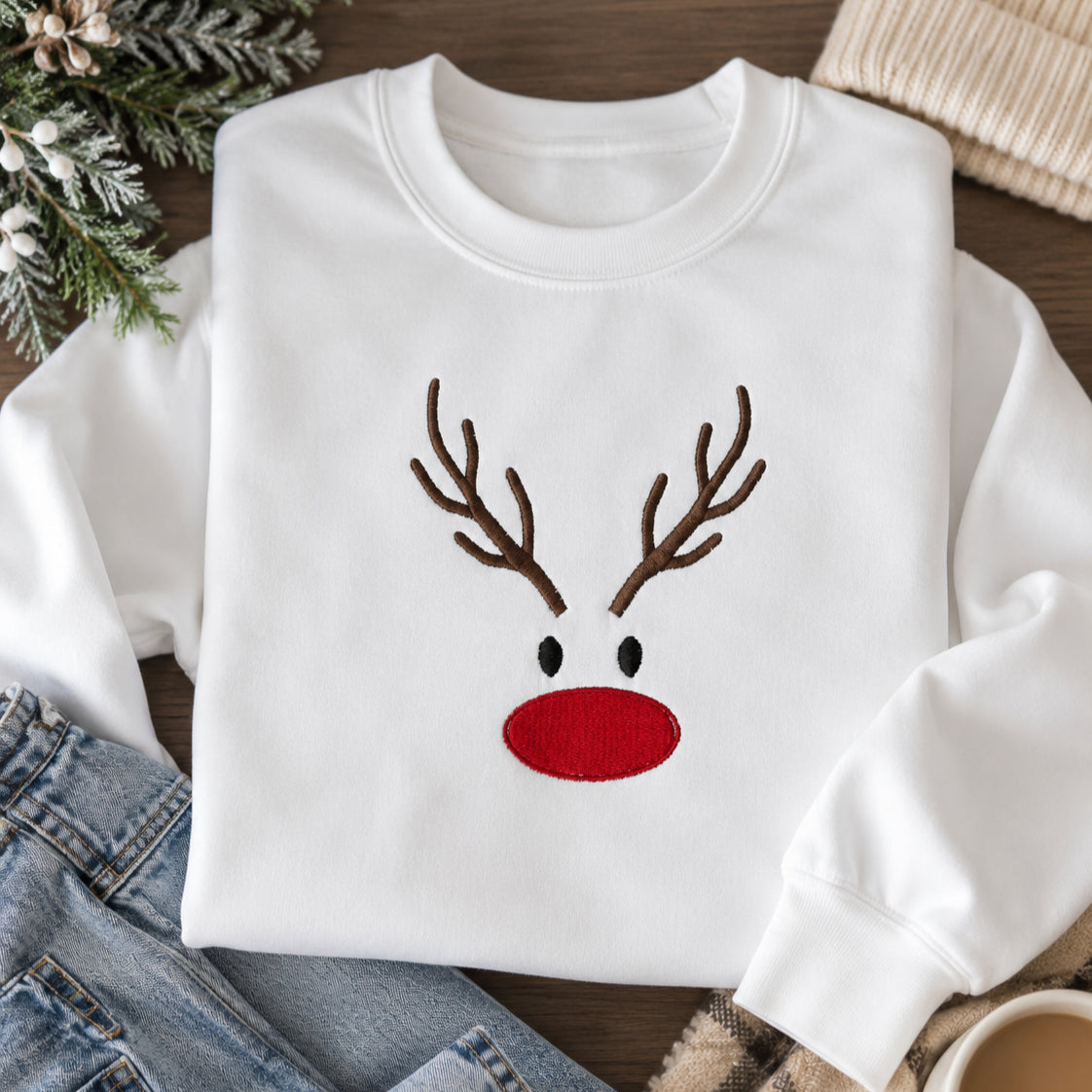 Embroidered Reindeer Hoodie, Christmas Top