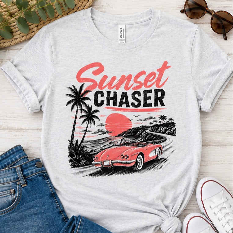 Sunset Chaser Printed Shirt or Hoodie, Retro Beach Graphic Tee