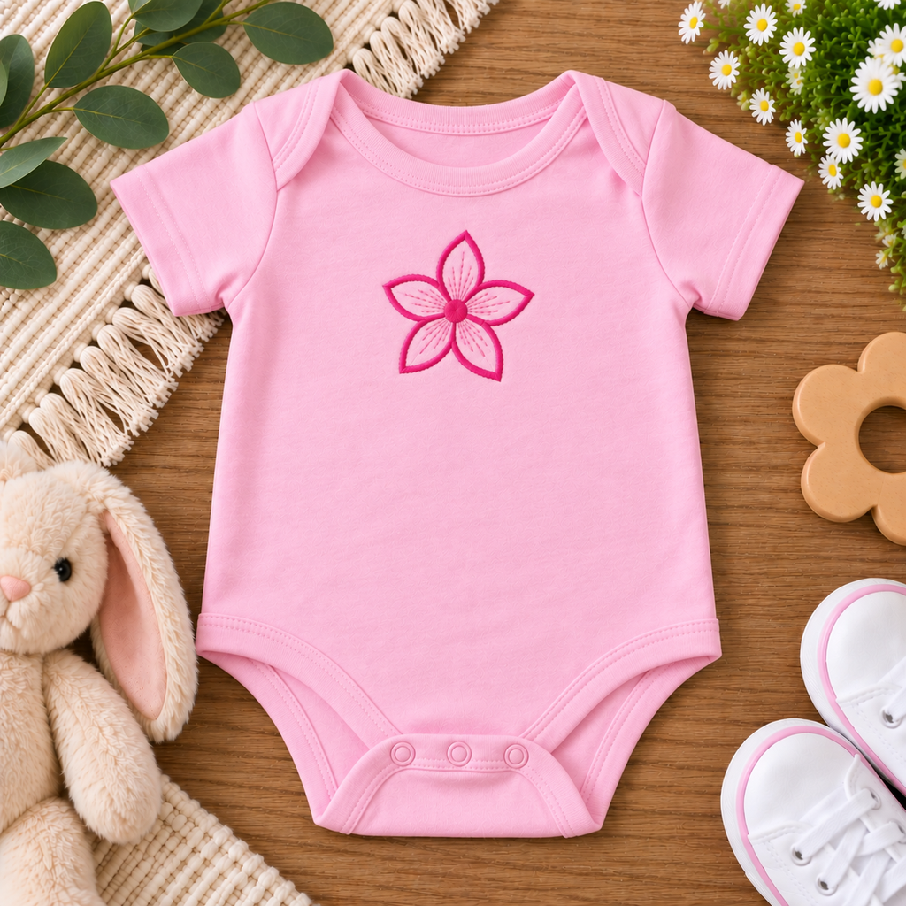 Pink Floral Baby Bodysuit | Embroidered Flower Onesie