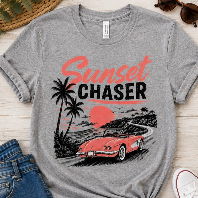 Sunset Chaser Printed Shirt or Hoodie, Retro Beach Graphic Tee